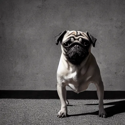 Image similar to portrait of a pug as a rick owens model, darkwear, techwear, goth pug, photo