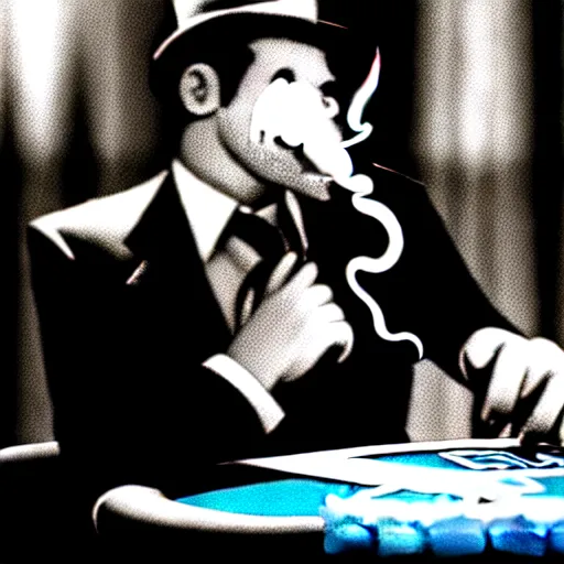 Image similar to monkey in a suit smoking a cigar and playing poker in a casino, 5 0 mm, black and white photo