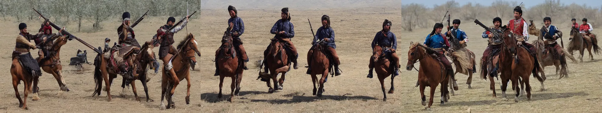 Prompt: turkic horse riders shooting guns