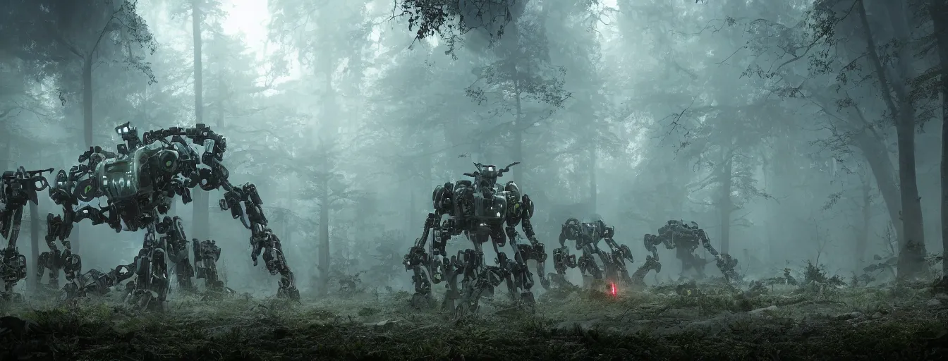 Prompt: image of deep forest, where terrific and creepy gigantic 8 - leg mechwarriors robots with volumetric lights, running and hunting remaining hiding humans, post - apocalyptic style, high detail, dramatic moment, motion blur, ground fog, dark atmosphere, saturated colors, by james paick, render unreal engine - h 7 0 4