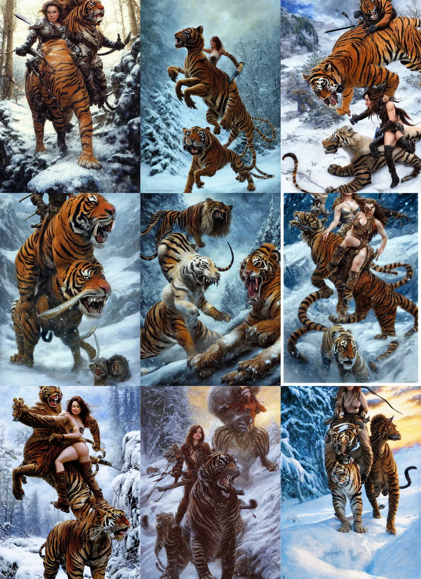 Prompt: muscled Emma Stone and Mila Kunis riding mounted on a fierce large saber tooth tiger, snowy winter scene, Donato Giancola, Mark Brooks, Ralph Horsley, Charlie Bowater, Artgerm, Christopher Balaskas, Bastien Lecouffe-Deharme