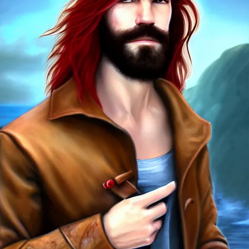 Image similar to portrait of a rugged!!!! male captain with long red hair!!!!!!, upper body, flowing hair, ethereal, handsome, smirk, leather coat, pirate!!!!!!!, ocean, D&D, fantasy, simple clothing!!!!, elegant, highly detailed, digital painting, deviantart, artstation, concept art, sharp focus, illustration, art by Artgerm and Greg Rutkowski and Alphonse Mucha