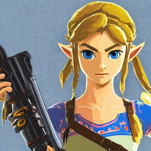 Prompt: zelda from breath of the wild holding a gun