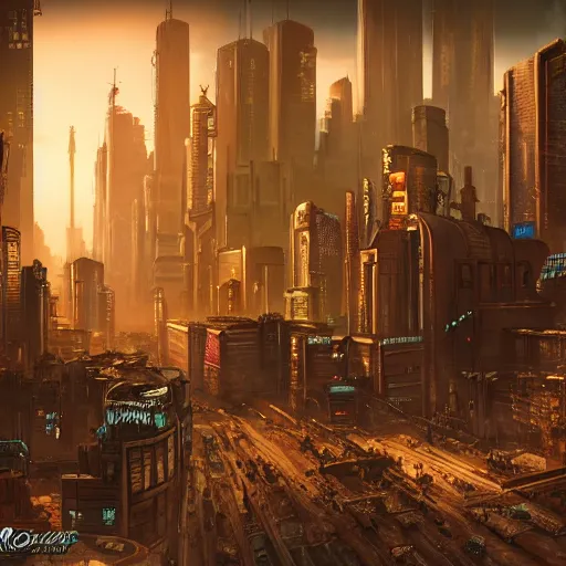 Prompt: Old west style cyberpunk cityscape, cinematic, 2.35:1, highly detailed