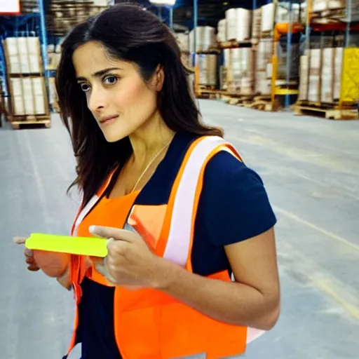 Image similar to photo, close up, salma hayek in a hi vis vest, in warehouse, android cameraphone, 2 6 mm,