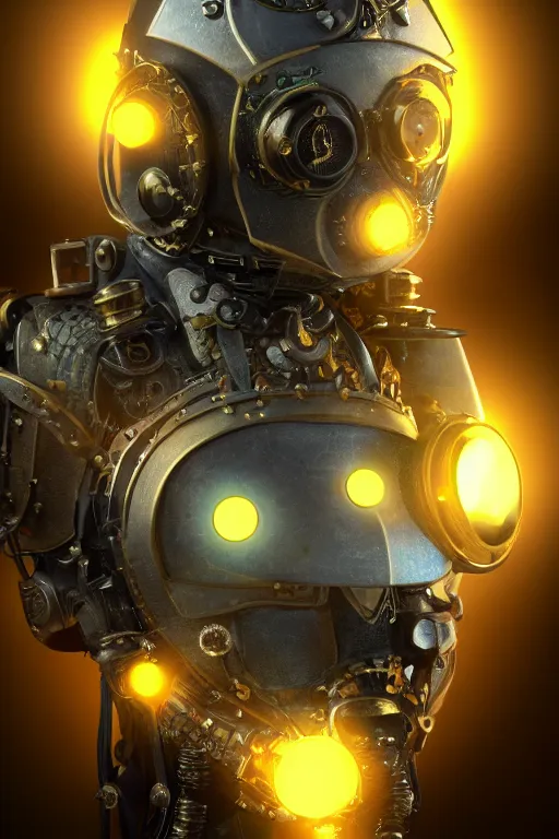 Image similar to steampunk mask minimalist fantasy art robot ninja helmet, global illumination ray tracing hdr fanart arstation by sung choi and eric pfeiffer and gabriel garza and casper konefal radiating a glowing aura