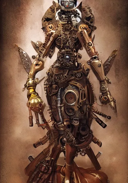 Image similar to steampunk clockwork durga mecha by marek okon designed by alexander mcqueen dress by peter mohrbacher