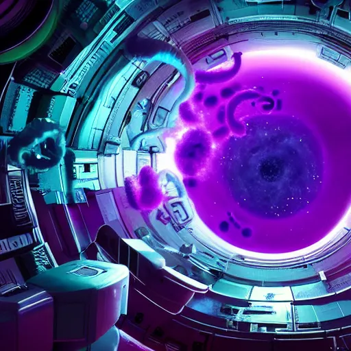 Prompt: planet sized cosmic tentacle monster consumes space station, detailed purple tentacles with teeth, giant gaping monster mouth with space station inside, hazy volumetric lighting, cinematic lighting, vertical symmetry, 3d render, hyperrealistic