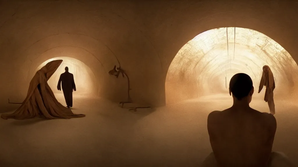 Prompt: agony, film still from the movie directed by Denis Villeneuve with art direction by Salvador Dalí, wide lens