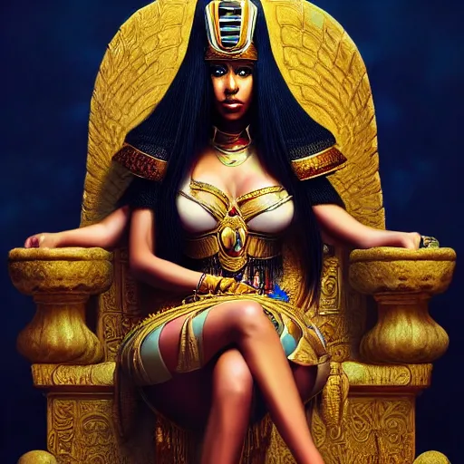 Image similar to Cleopatra sitting on her throne, beautiful eyes, full body, fantasy, beautiful face, vivid colors, elegant, concept art, sharp focus, digital art, Hyper-realistic, 4K, Unreal Engine, Highly Detailed, HD, Dramatic Lighting by Brom, trending on Artstation