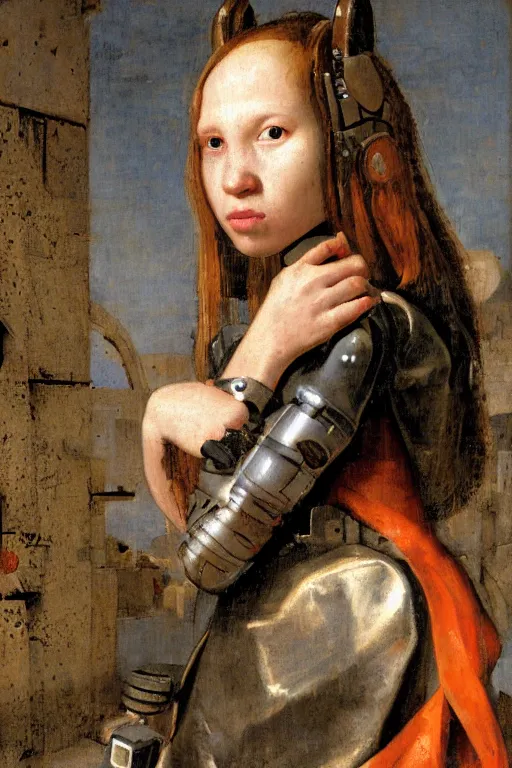 Image similar to a close - up portrait of a cyberpunk cyborg girl, by jan steen, rule of thirds