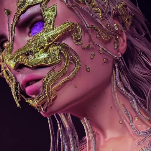 Prompt: a photo of 8k ultra realistic corrupted lovecraftian cyber queen, intricate white and gold neon, ornate, cinematic lighting, trending on artstation, 4k, hyperrealistic, focused, high details, unreal engine 5, cinematic, masterpiece