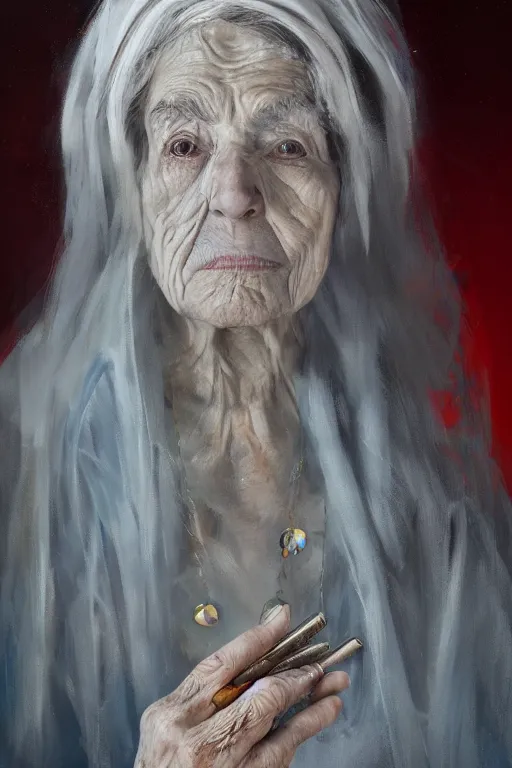 Image similar to palette knife oil painting portrait of ariadne, a mysterious spiritual guide who is a chain smoking old lady in an ashen trench coat. ghost. extreme detail, any racial background, artstation trending, artgerm, deviant art, octane, substance, art history 8 k