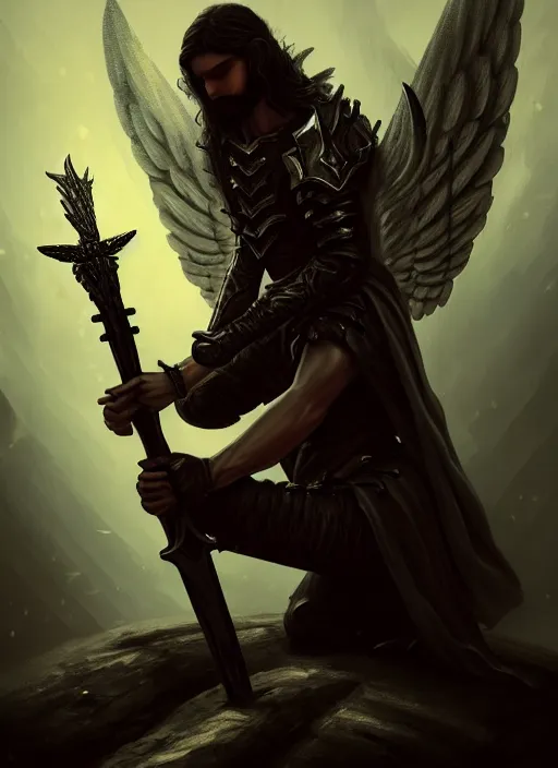 Image similar to fantasy art, fallen man angel kneeling on the knees with a sword and shield, close-up, bokeh. dark art masterpiece artstation. 8k, sharp high quality illustration in style of Jose Daniel Cabrera Pena and Leonid Kozienko, Tooth Wu, studio lighting. angel with big wings