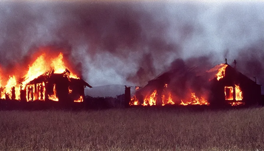 Image similar to 1 9 7 0 s movie still of a burning northern french house in a field, cinestill 8 0 0 t 3 5 mm, high quality, heavy grain, high detail, texture, dramatic light, ultra wide lens, panoramic anamorphic, hyperrealistic