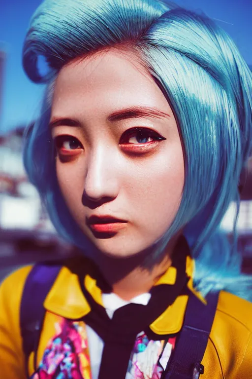 Prompt: Kodak Portra 400,8K,highly detailed: beautiful three point perspective extreme closeup portrait photo in style of 2000s frontiers in cosplay retrofuturism tokyo seinen manga street photography fashion edition, tilt shift zaha hadid style tokyo background, highly detailed, focus on girl;vaporwave ;blonde hair;blue eyes, clear eyes, soft lighting