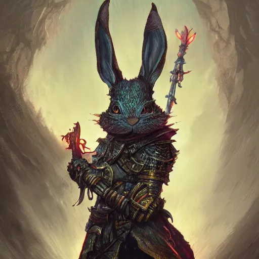 Prompt: rabbit as a dark souls boss colorful, fantasy, intricate, highly detailed, digital painting, hq, trending on artstation, illustration, style of stanley artgerm and greg rutkowski and dan mumford