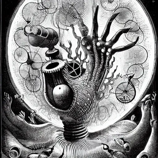 Image similar to whimsical freaky creature sings a unique canto about \'as above so below\' being ignited by the spirit of Haeckel and Robert Fludd, breakthrough is iminent, glory be to the magic within