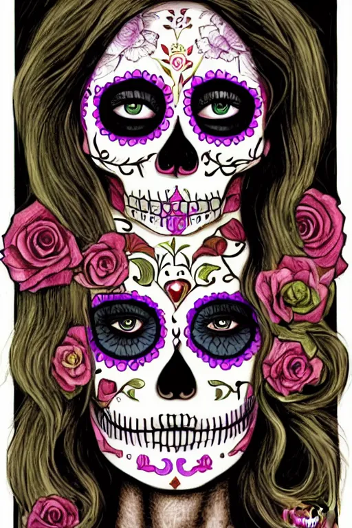 Image similar to illustration of a sugar skull day of the dead girl, art by da vinci