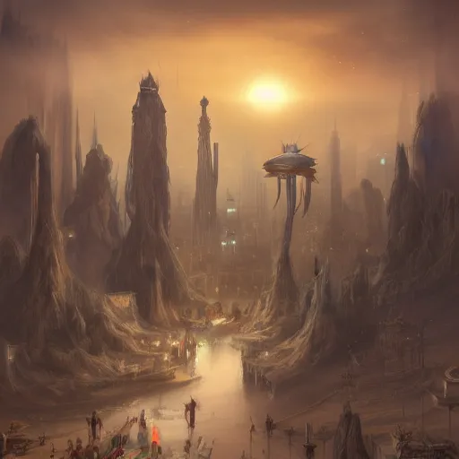 Image similar to a weird surreal and mystical city in the desert, fantasy concept art, matte painting, very detailed, trending on artstation, cinematic lighting