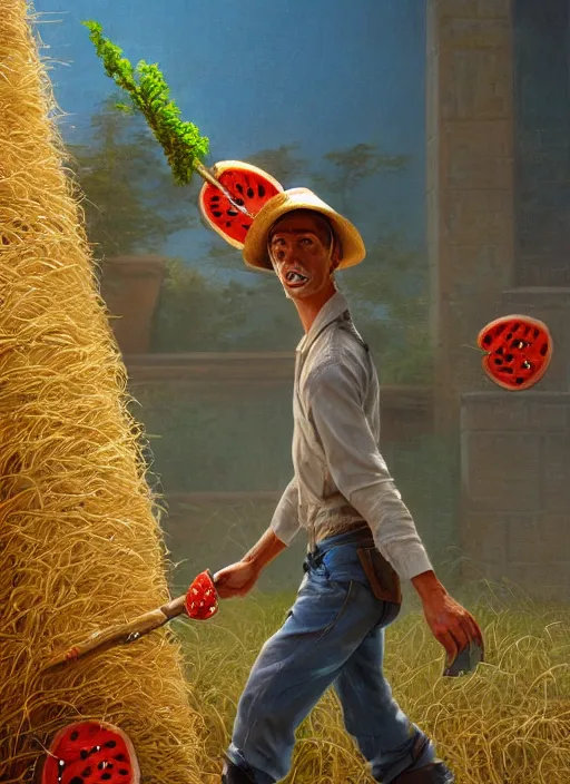 Prompt: cinematic portrait of male forged rusty droid working as a gardener in straw hat, holding watermelon, robotic enhancements, soft lighting, Tomas Kinkade, Tim Hildebrandt, Wayne Barlowe, Bruce Pennington, donato giancola, larry elmore, oil on canvas, masterpiece, trending on artstation, cinematic composition, dramatic pose, beautiful lighting, sharp, details, hyper-detailed, HD