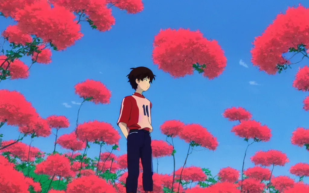 Image similar to a boy wearing a red sport jersey day dreaming on a field of flower, beautiful bright blue sky. 35mm film. makoto shinkai, studio ghibli.