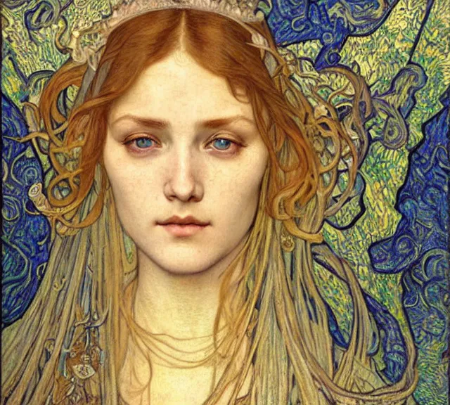 Image similar to detailed realistic beautiful young medieval queen face portrait by jean delville, alphonse mucha, vincent van gogh, and marco mazzoni, art nouveau, symbolist, visionary, gothic, pre - raphaelite