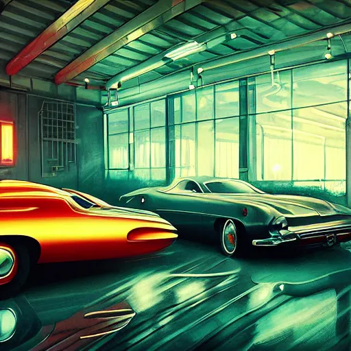 Image similar to retro futuristic shiny vintage cars in showroom, atmospheric lighting, painted, intricate, volumetric lighting, beautiful, daytime, sunny weather, slight overcast, sharp focus, deep colours, ultra detailed, by leesha hannigan, ross tran, thierry doizon, kai carpenter, ignacio fernandez rios