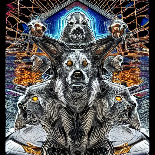 Image similar to three - headed cyberpunk hell - dog standing proudly at the top of a very steep hill, sacred geometry, alchemy background, merkabah, psychedelic, graffiti, in the style of alex grey