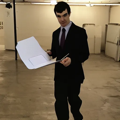 Image similar to nathan fielder walking around hell with a clipboard painted by lorenzo de'medici