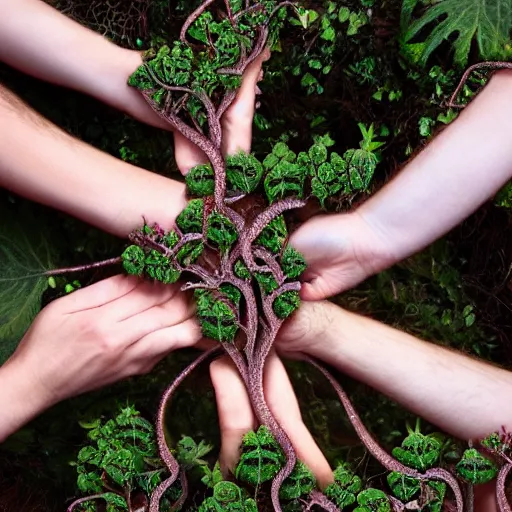 Image similar to many hands with many fingers growing from fractal vines