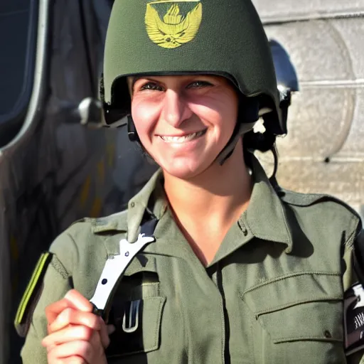 Image similar to a female israeli defence force soldier holding a stapler to her head and smile by donato gianocola