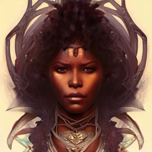 Prompt: portrait of a beautiful blackwomen devil warrior MTG iluustration, demon hunter ,intricate, headshot, highly detailed, digital painting, artstation, concept art, cinematic lighting, illustration, art by artgerm and greg rutkowski, alphonse mucha, cgsociety, science fiction