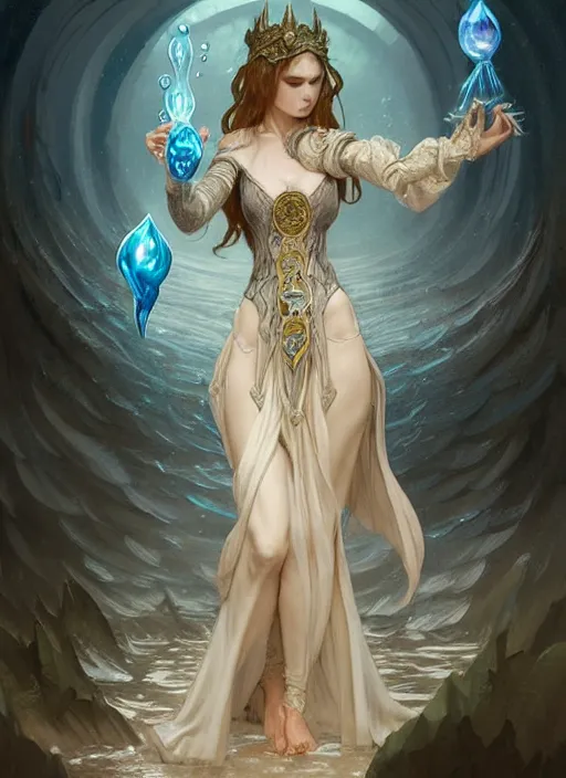 Prompt: summoner dressed in medieval gown with a cute water elemental, fantasy, intricate, elegant, highly detailed, digital painting, artstation, concept art, wallpaper, smooth, sharp focus, illustration, art by artgerm and greg rutkowski and alphonse mucha