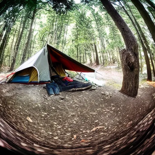 Image similar to ernest got to camp crystal lake, hyper realistic, fish eye lense