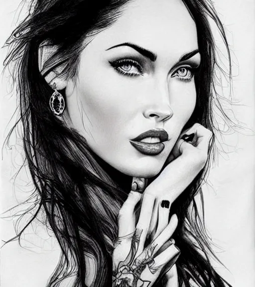 Prompt: tattoo design sketch of megan fox portrait against a background of the most beautiful nature, hyper - realistic, in the style of den yakovlev, amazing detail, black and white