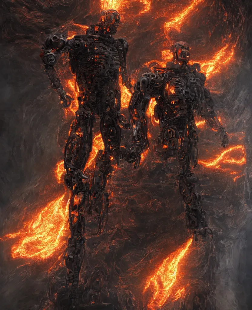 Prompt: hyperrealistic mixed media painting of a humanoid terminator floating in lava, stunning 3d render + perfect body symmetry + dim volumetric lighting, 8k octane beautifully detailed render, post-processing, extremely hyperdetailed, intricate futuristic mechanic parts, epic composition, grim yet sparkling atmosphere, cinematic lighting + masterpiece, trending on artstation