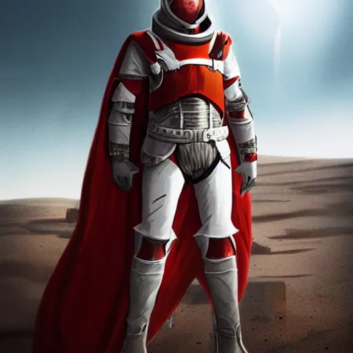 Image similar to a towering soldier with vertical nose slits, wearing blood - spattered glossy sleek white dinged scuffed armor and a long torn red cape, heroic posture, battle - weary, strained expression, determined expression, no helmet, on the surface of mars, dramatic lighting, cinematic, sci - fi, hyperrealistic, detailed