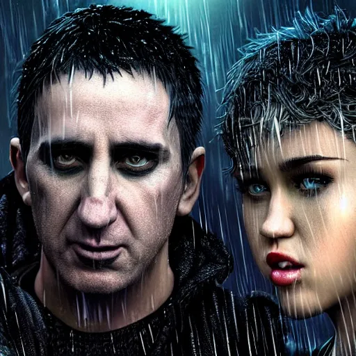 Image similar to An epic fantasy comic book style portrait painting of very imposing Industrial goths Trent Reznor and Miley Cyrus in the rain, wet hair, neon reflections, character design by Mark Ryden and Pixar and Hayao Miyazaki, unreal 5, DAZ, hyperrealistic, octane render, cosplay, RPG portrait, dynamic lighting, intricate detail, cinematic