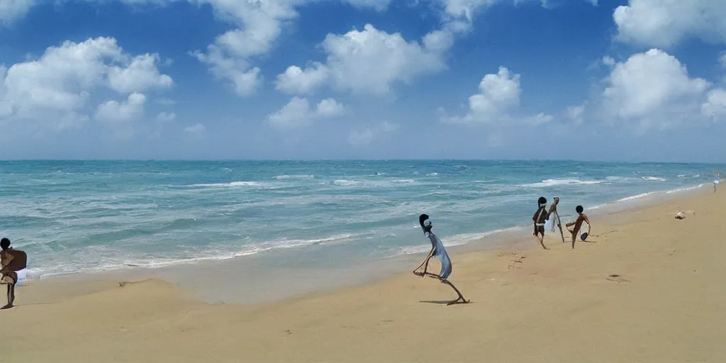 Prompt: sri lankan beach, rule of thirds, drawn by hayao miyazaki