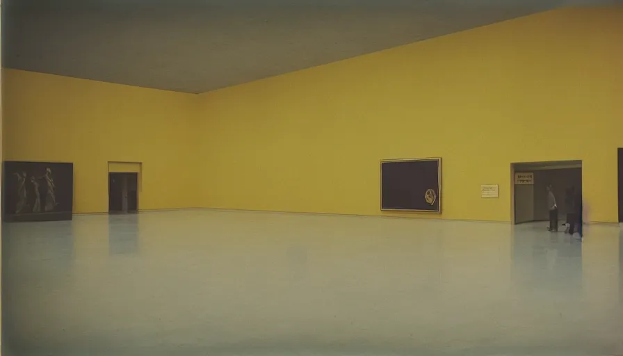 Image similar to 60s movie still of a sovietic stalinist style empty art museum with a soviet congress with yellow wall, POLAROID 600, liminal Space style, heavy grain