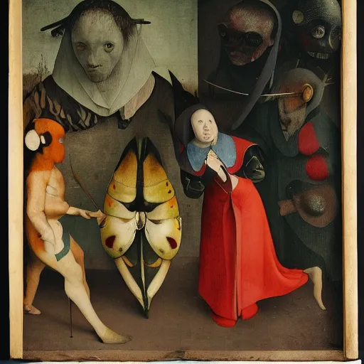 Prompt: colour photography, person wearing atlas moth based clothes, hybrid of moth and human, bizarre freakish, hieronymus bosch, pieter bruegel - n 4