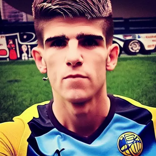Image similar to “a realistic detailed photo of a guy who is an attractive humanoid who is half robot and half humanoid, who is a male android, Christian Pulisic, shiny skin, posing like a statue, blank stare, on display”