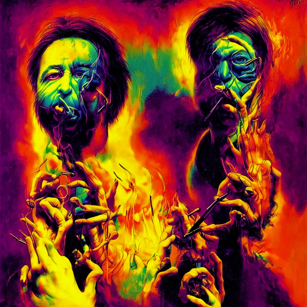 Prompt: psychedelic bright portrait of bill hicks smoking in the style of hans giger, alex grey, lynchian atmosphere, film noir, concept art, art by kuvshinov ilya and zdislav beksinski and wayne barlowe, vivid colors, yellow, purple, red, black, blue, green, orange, pink