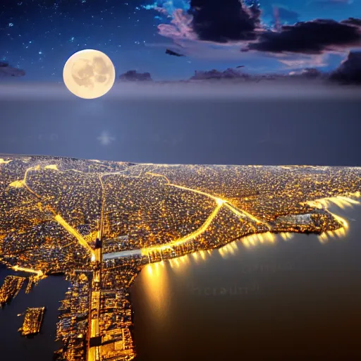 Prompt: beautiful japanese city at night time, bird eye, side view, sea, lake, moon, bloom, shiny light, realistic,