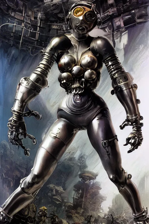 Image similar to a girl in a closed helmet in a shiny biopunk costume consisting of swollen muscles, tendons, bones joints, protruding pistons. masterpiece 4k digital illustration by Frank Frazetta, award winning, Artstation, Akira aesthetic, black background, intricate details, realistic, panoramic view, Hyperdetailed, 8k resolution