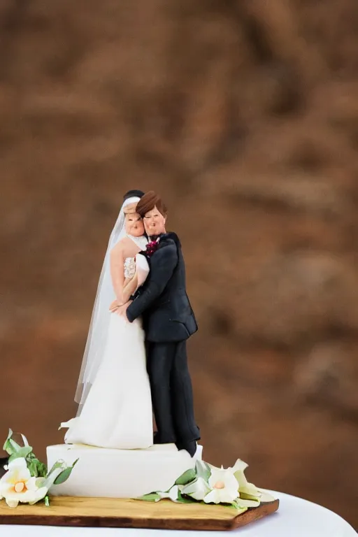 Image similar to a wedding cake made of bacon, professional food photo, bride and groom on top of the wedding cake,