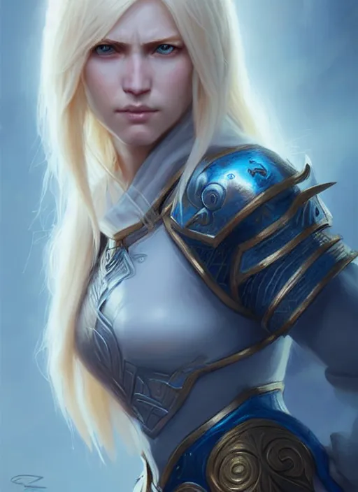 Image similar to a fantasy style portrait painting of shy white female paladin with blonde hair and blue eyes shy, scar under left eye, holy oil painting unreal 5 daz. rpg portrait extremely detailed artgerm greg rutkowski _ greg