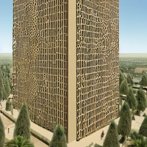 Prompt: 2 0 0 m tall modular massing truncated stacked tower made of beige stone and gold mesh screens, ancient sacred design, engraving and inscriptions on the facade, wavy balconies, vegetated roofs and balconies, photorealism, octane render, hyper realistic, arid mountains and palm forest, 8 k
