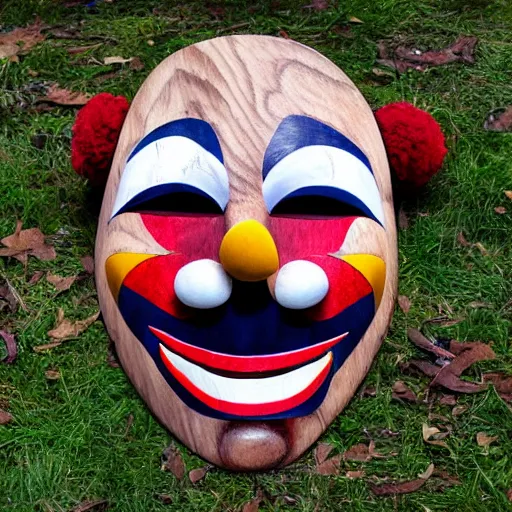 Prompt: wooden clown mask with long fang like incisors